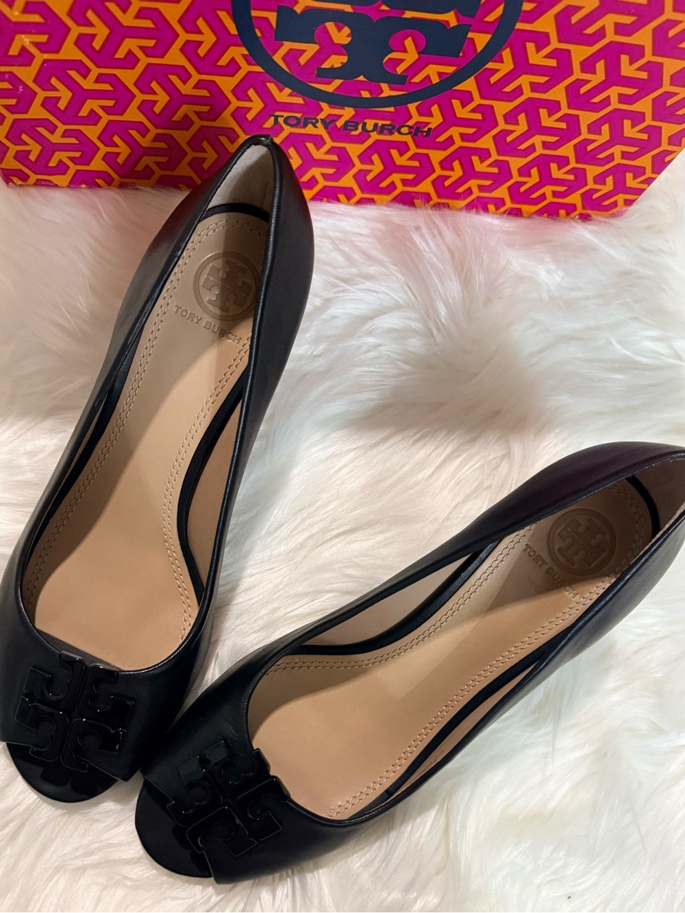 Tory Burch Black Leather Logo Peep-Toe Flats